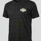 Black t-shirt with a logo on a mannequin against a plain background