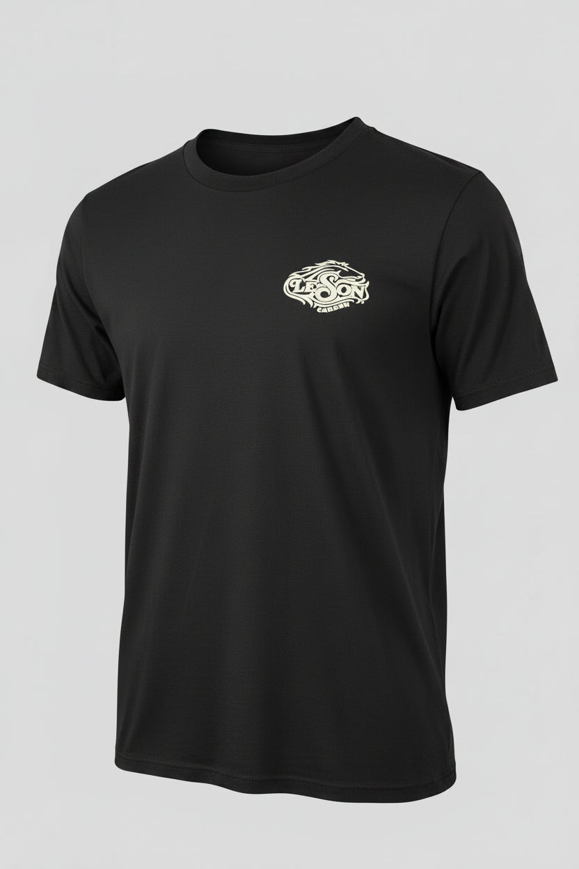 Black t-shirt with a logo on a mannequin against a plain background